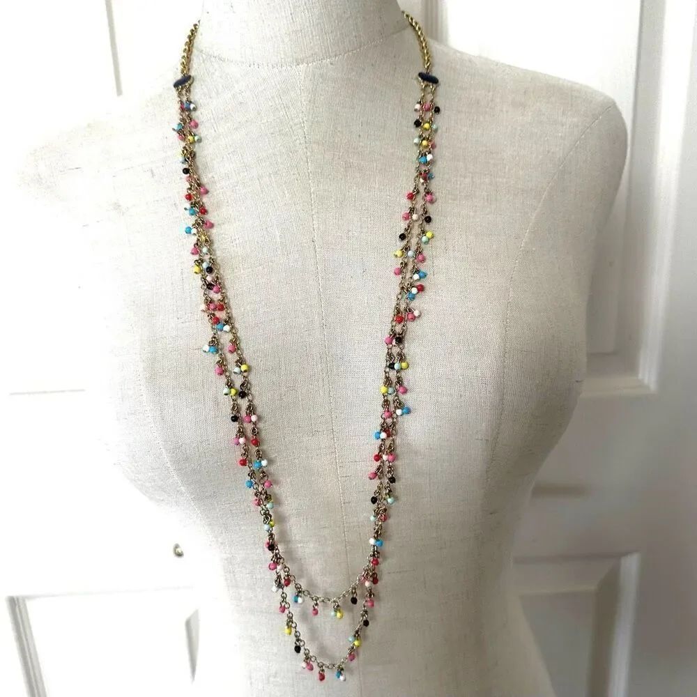 Talbots Festive Multicolored Double strand  Long  Gold Tone necklace